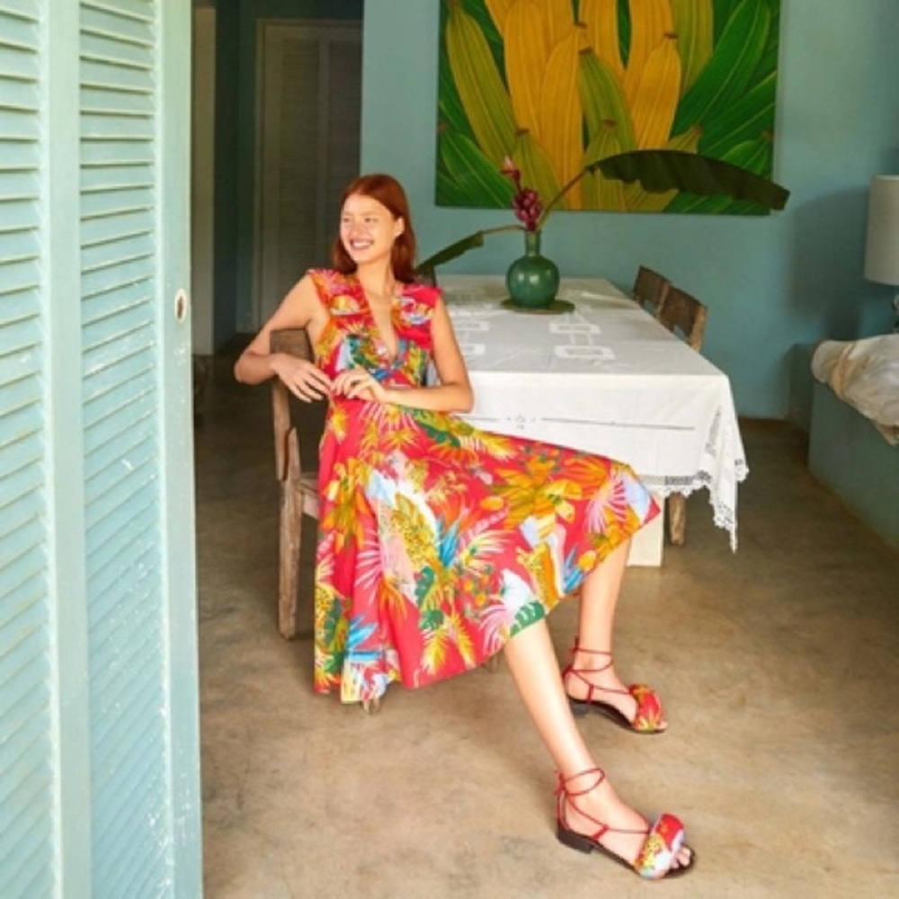 Farm Rio Animal Jungle Print V Neck Ruffles Midi Dress